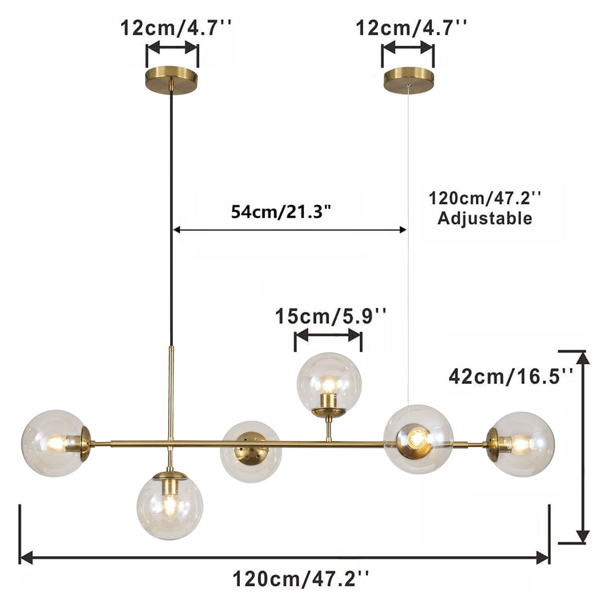 Lighting Globe Linear Chandelier 6 Light Amber Glass Pendant Light Fixture Gold Kitchen