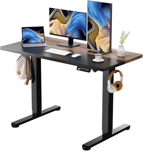 White Standing Desk, 48 X 24 Inch Adjustable Height Electric Desk, Sit Stand Desk with Splice Board and 2 Hooks