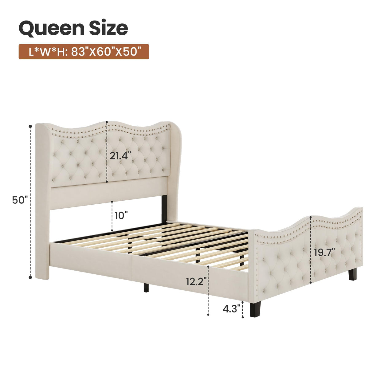 Queen Upholstered Bed with Tufted Wingback Headboard