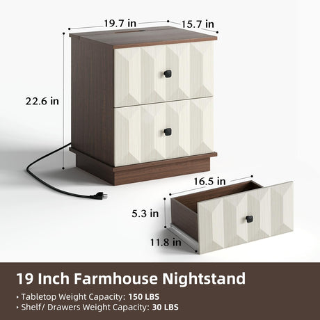 Jiansu furni Modern Farmhouse Nightstand with Charging Station,Bed Side Tables Bedroom Set of 2,Wood Nightstand Set of 2,19" Large End Tables Living Room, Side Table with 2 Drawers (Walnut White 2PCS)