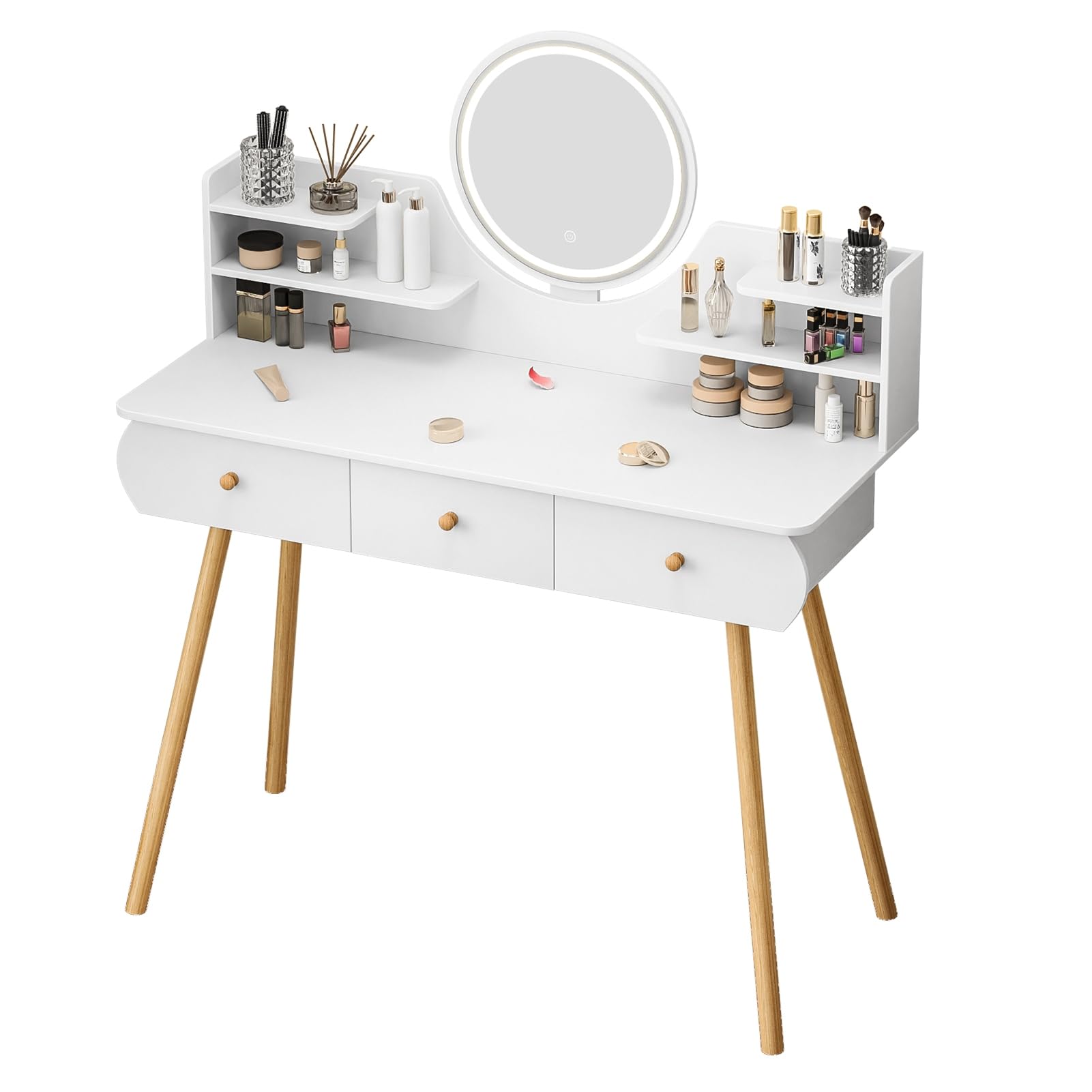 Vanity Desk with Mirror & Lights, Makeup Vanity Table with 4 Drawers & Storage Shelves