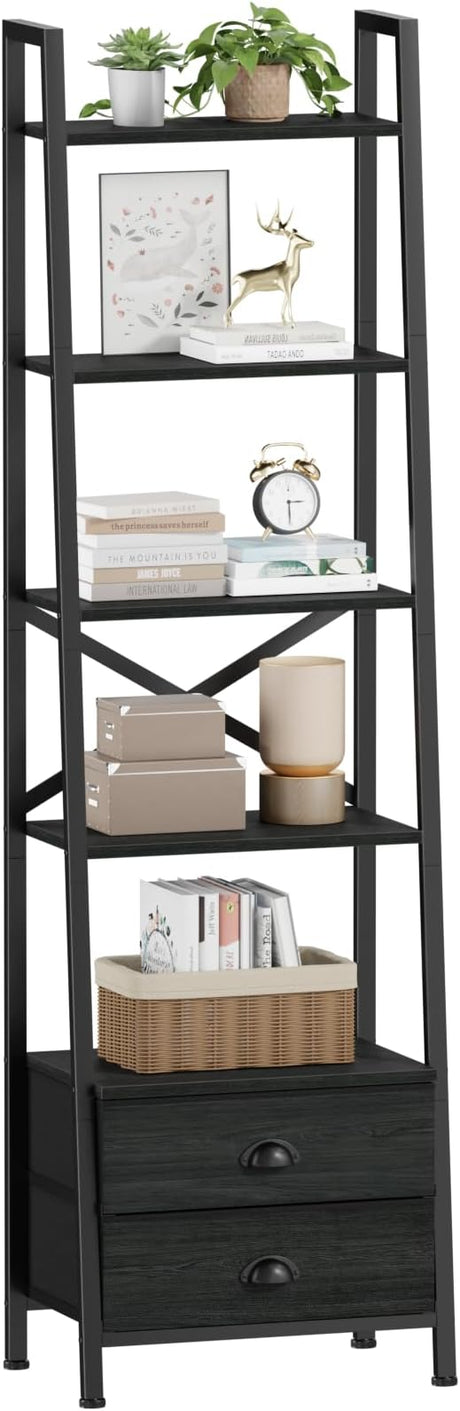 5-Tier Ladder Shelf with 2 Drawers,Narrow Bookshelf Storage Shelves,Industrial Bookcase Freestanding Shelf Units for Bedroom,Living Room,Bathroom,Home Office,Balcony,Wood Metal,Rustic Brown