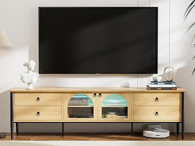 Modern LED TV Stand for 85 Inch TV, Wood TV Stand with 2 Glass Doors and 4 Drawers