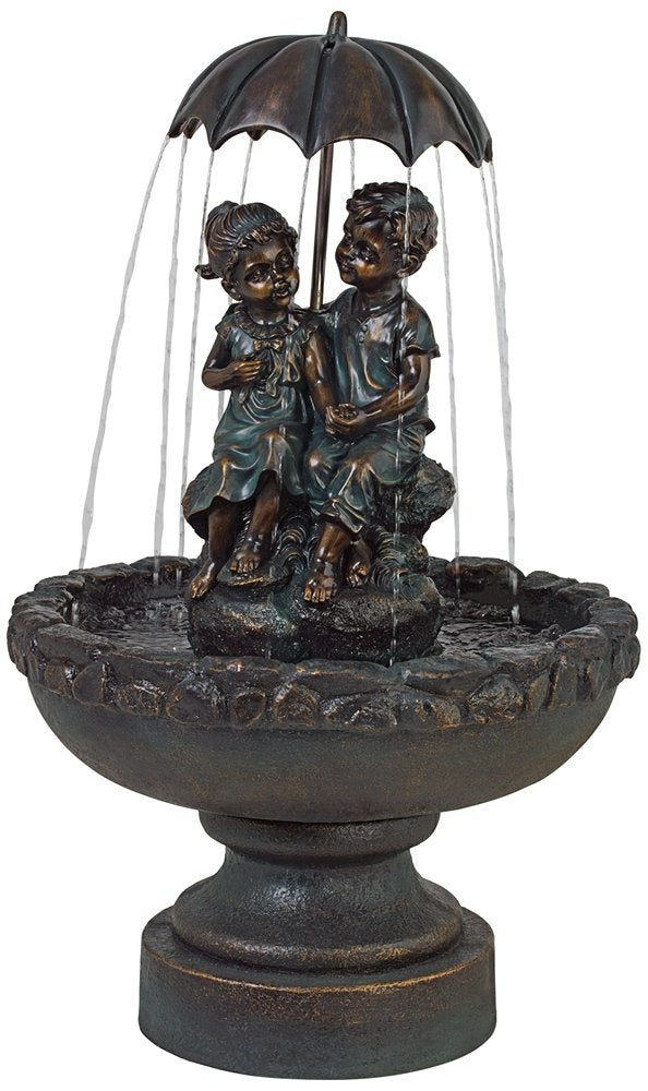 Boy and Girl Under Umbrella Outdoor Floor Water Fountain 40" High Copper Green Bronze Resin for Garden Patio Yard Deck Home Lawn Porch House Relaxation Exterior Balcony Roof - John Timberland