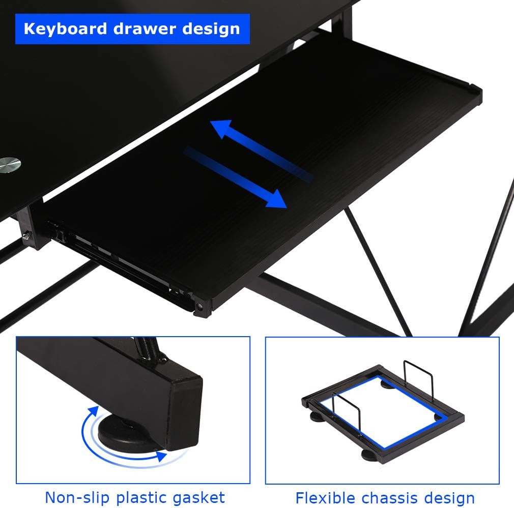 Computer Desk Gaming Desk L Shaped Corner Desk Home Office Writing Workstation Toughened Glass Study Keyboard CPU Stand PC Modern Table for Small Spaces,Black