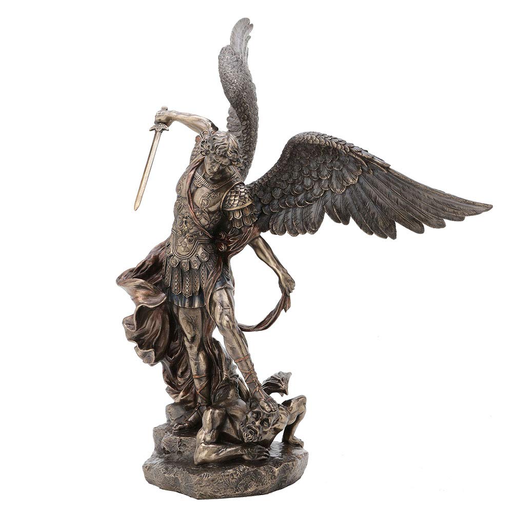 21.5 Inch Saint Michael Standing Over Demon Archangel Warrior Antique Bronze Finish Sculpture Religious Figurine