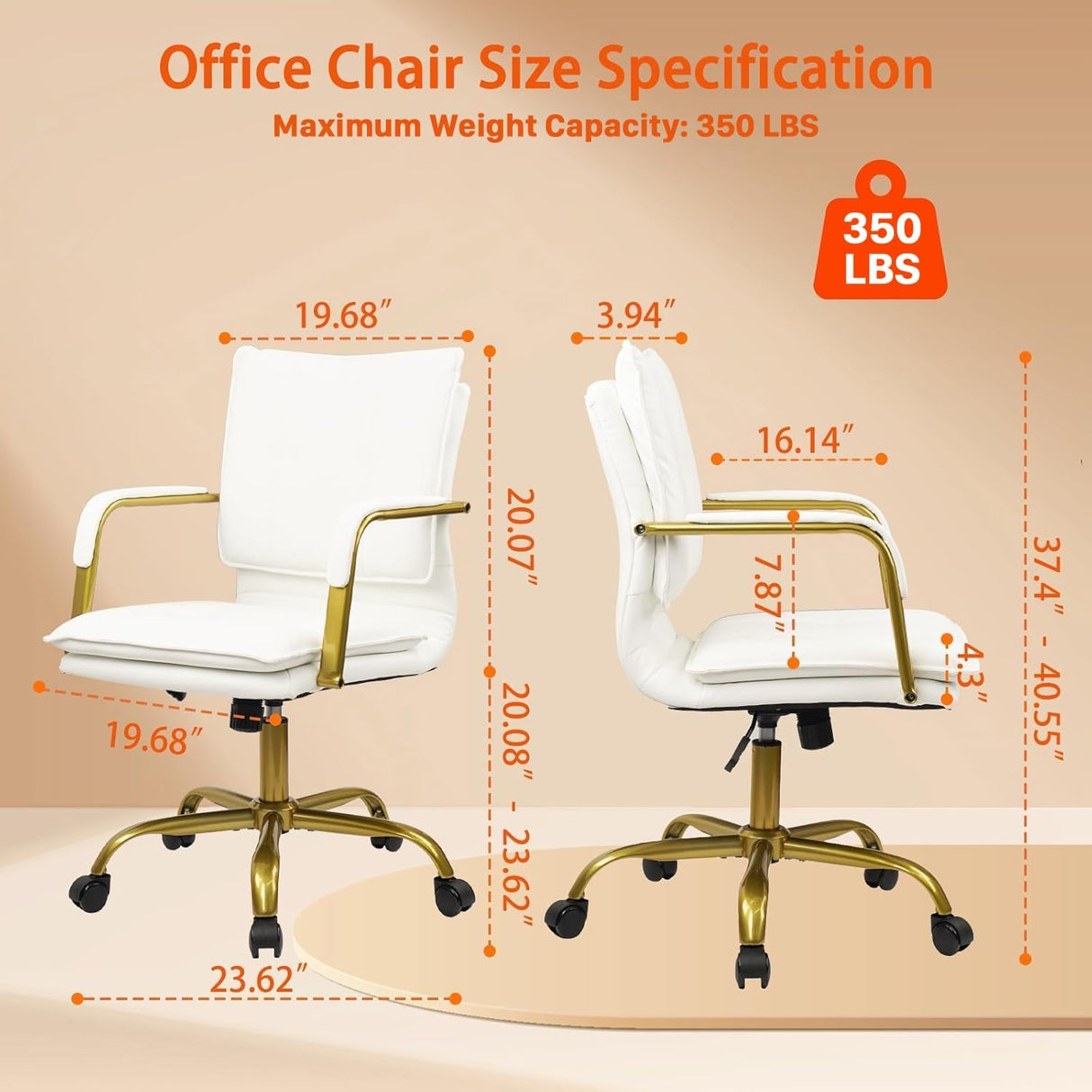 Leather Mid-Back Office Chair with Golden Accents - White