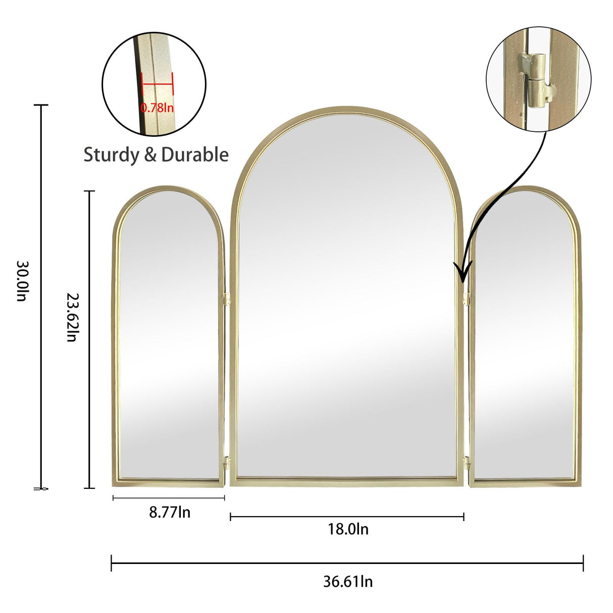 Trifold Vanity Mirror 3-Way Adjustable 30x37 Inch - Champagne Gold Arch Wall Mounted