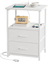 Night Stand with Charging Station, Nightstand with Fabric Drawers, Bedside Table with Storage for Bedroom, Rustic Brown