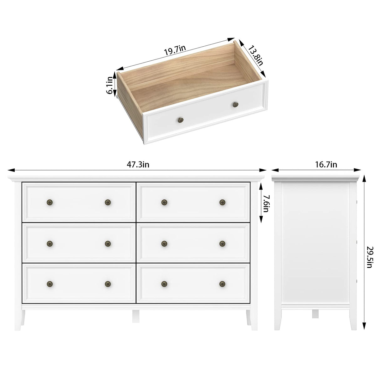 6 𝑫𝒓𝒂𝒘𝒆𝒓𝒔 𝑫𝒓𝒆𝒔𝒔𝒆𝒓, White 6 Drawer Dresser for Bedroom, Modern Solid Wood Chest