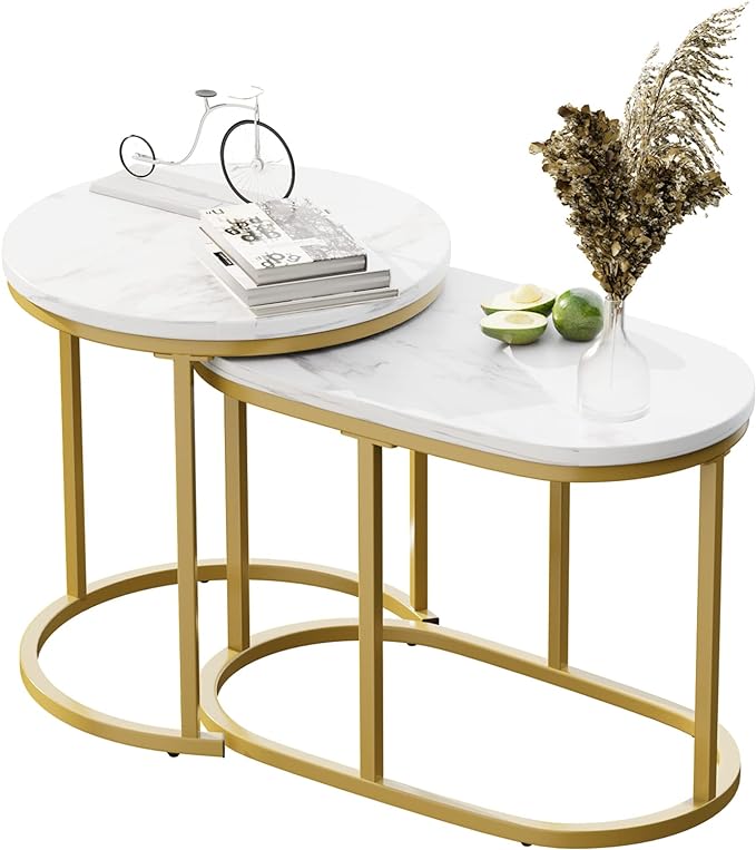 Round Coffee Table Set of 2 Modern Nesting Golden Frame Circular