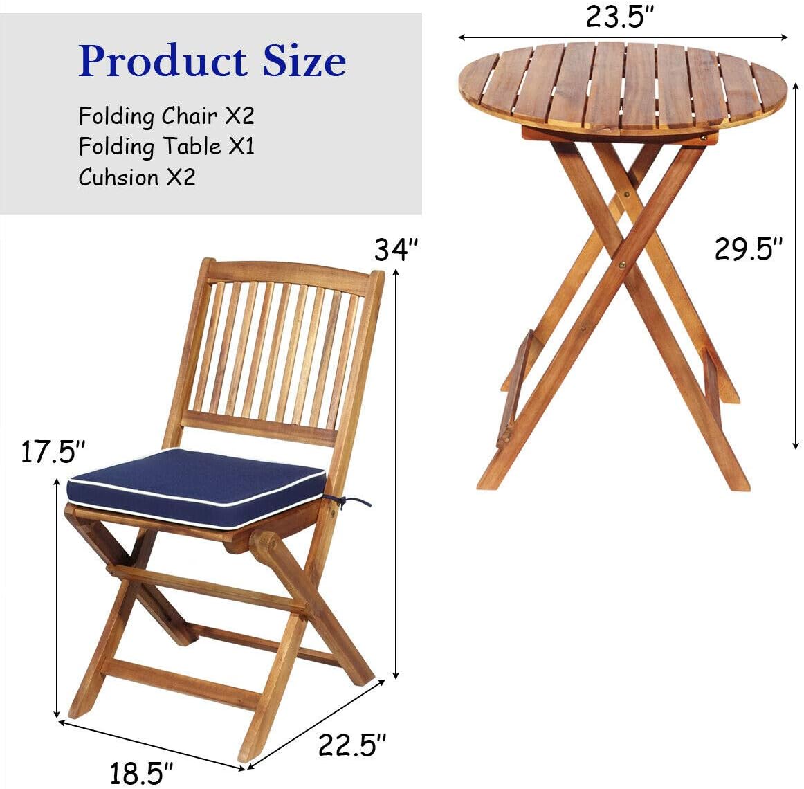 3 PCS Patio Folding Bistro Set, Outdoor Acacia Wood Chair