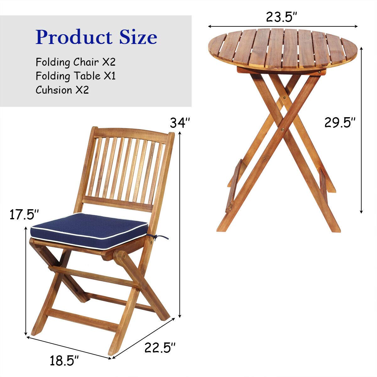 3 PCS Patio Folding Bistro Set, Outdoor Acacia Wood Chair