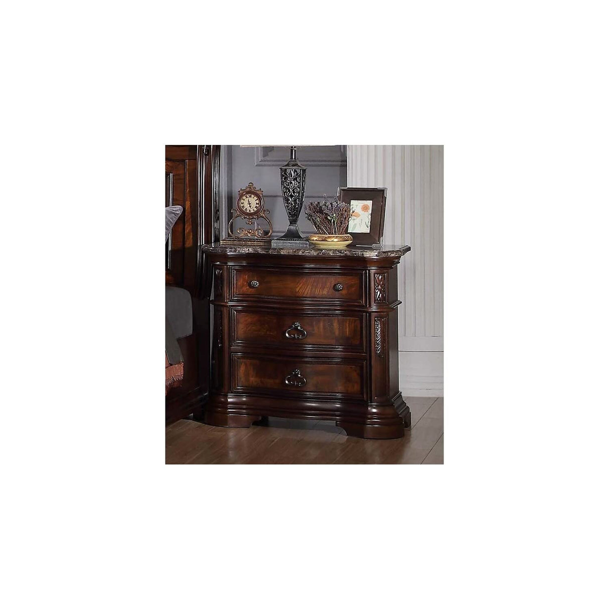 Traditional Wood Bedrooom Nightstand in Walnut w/Marble Top