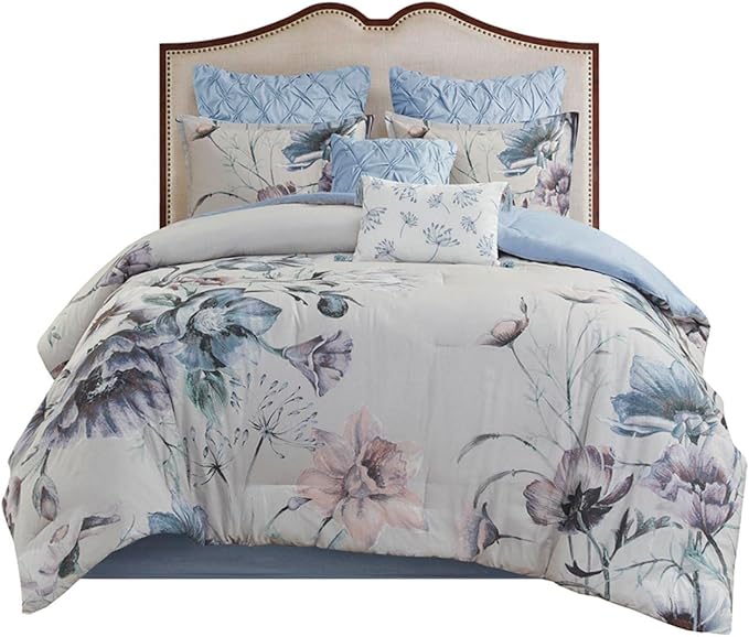 Floral Queen Comforter Set, Cotton Rich Bedding Set Feminine Design Shabby Chic Queen
