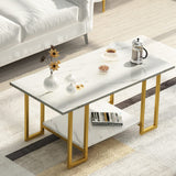 Coffee Table, Gold Base for Living Room-Faux Marble Rectangle Tabletop