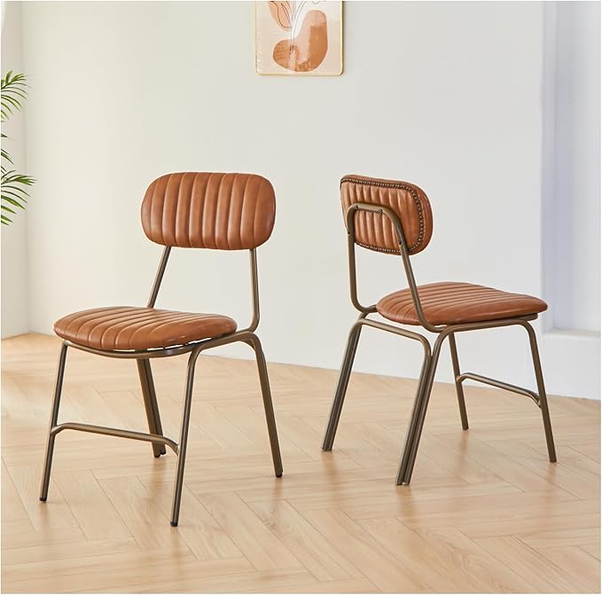 mid Century Modern Retro Faux Leather Dining Chairs Set of 2, Upholstered Seat backrests Metal Plated Legs