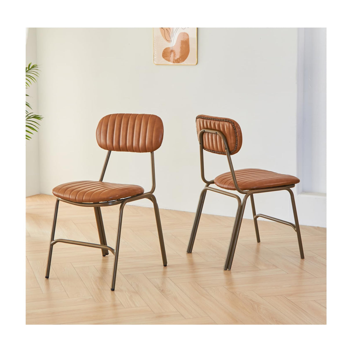 mid Century Modern Retro Faux Leather Dining Chairs Set of 2, Upholstered Seat backrests Metal Plated Legs