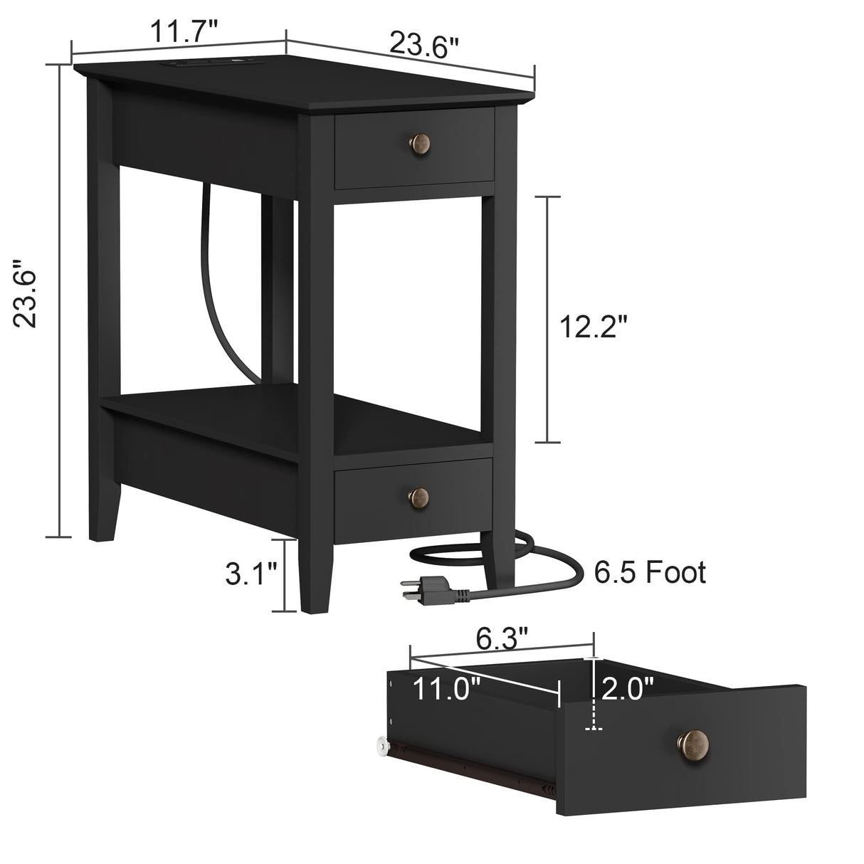 Side Table with Charging Station, Narrow End Table with Storage, 2-Drawer Nightstand