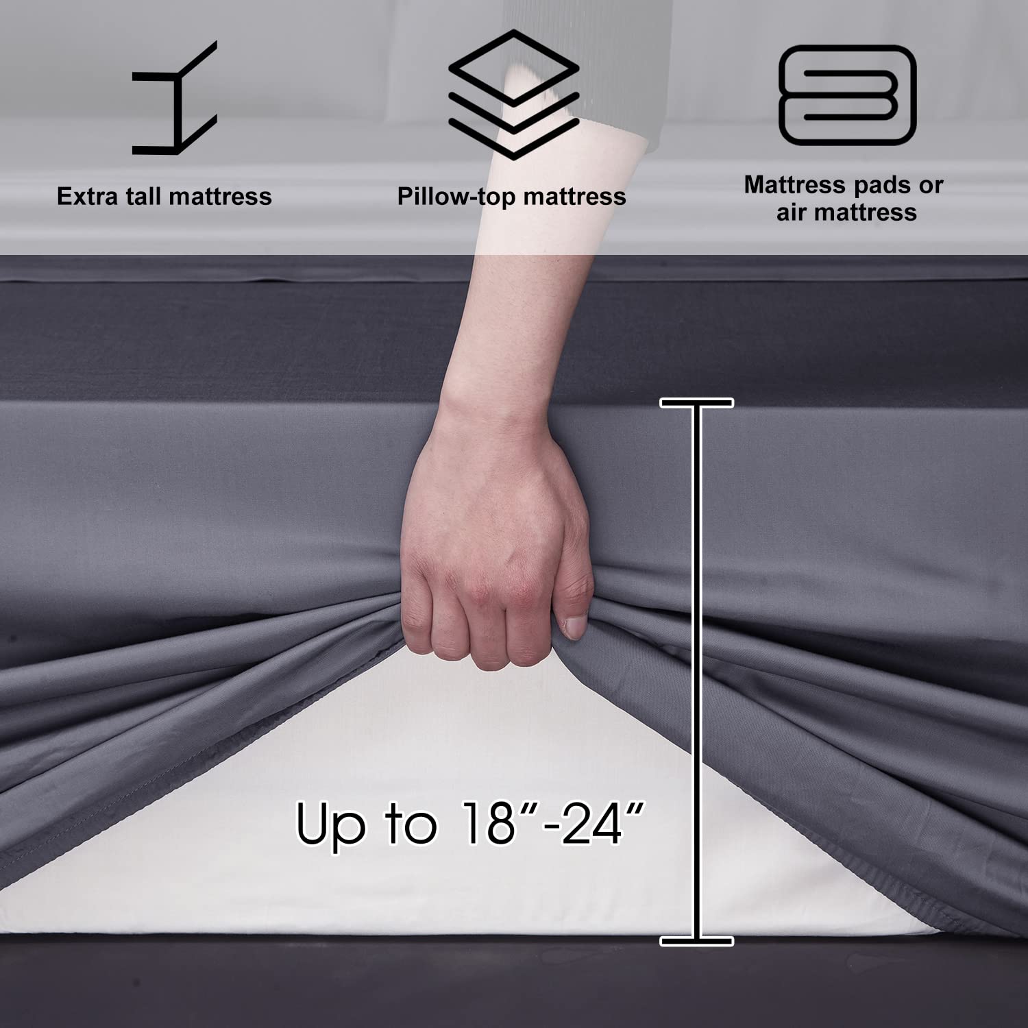 Deep Pocket Queen Sheets,Rayon Derived from Bamboo, Grey Bed Sheets Fits 18"-24"