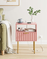 Night Stand with Charging Station, Fluted Bedside Table with Gold Frame