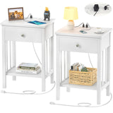 White Nightstand with Charging Station Set of 2, Bamboo Bedside Table Set