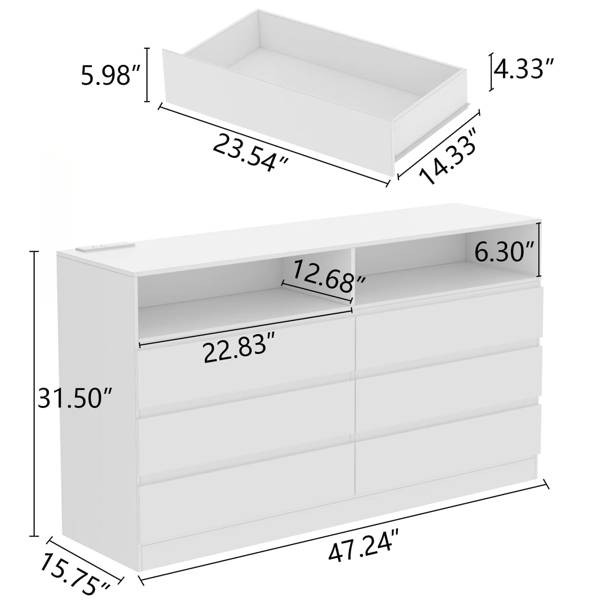 6 Drawer Double Dresser with Power Outlet, Accent Chests of Drawers with LED Light,