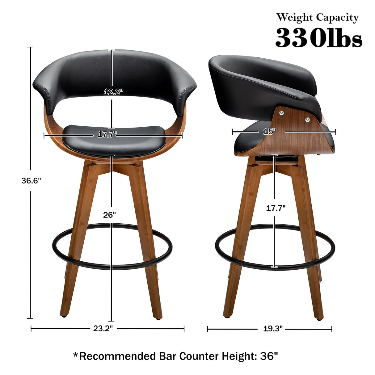 Faux Leather Bar Stools Set of 2,Counter Height Bar Stools,26 Inch Swivel Bar Stools