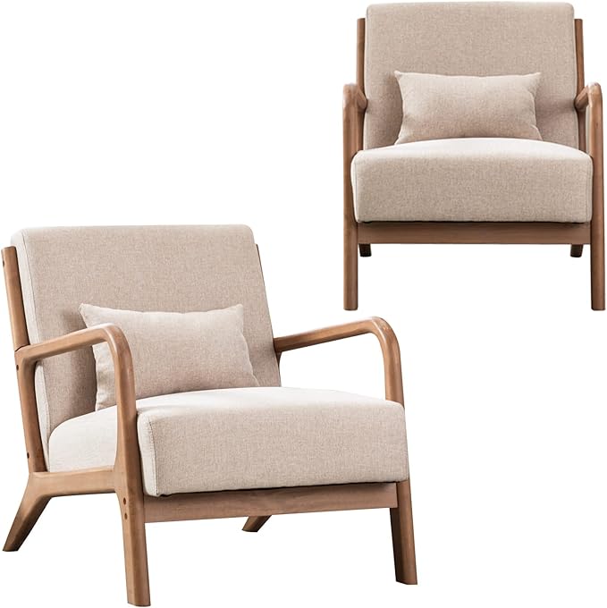 Mid Century Modern Accent Chair with Wood Frame, Upholstered Living Room Chairs