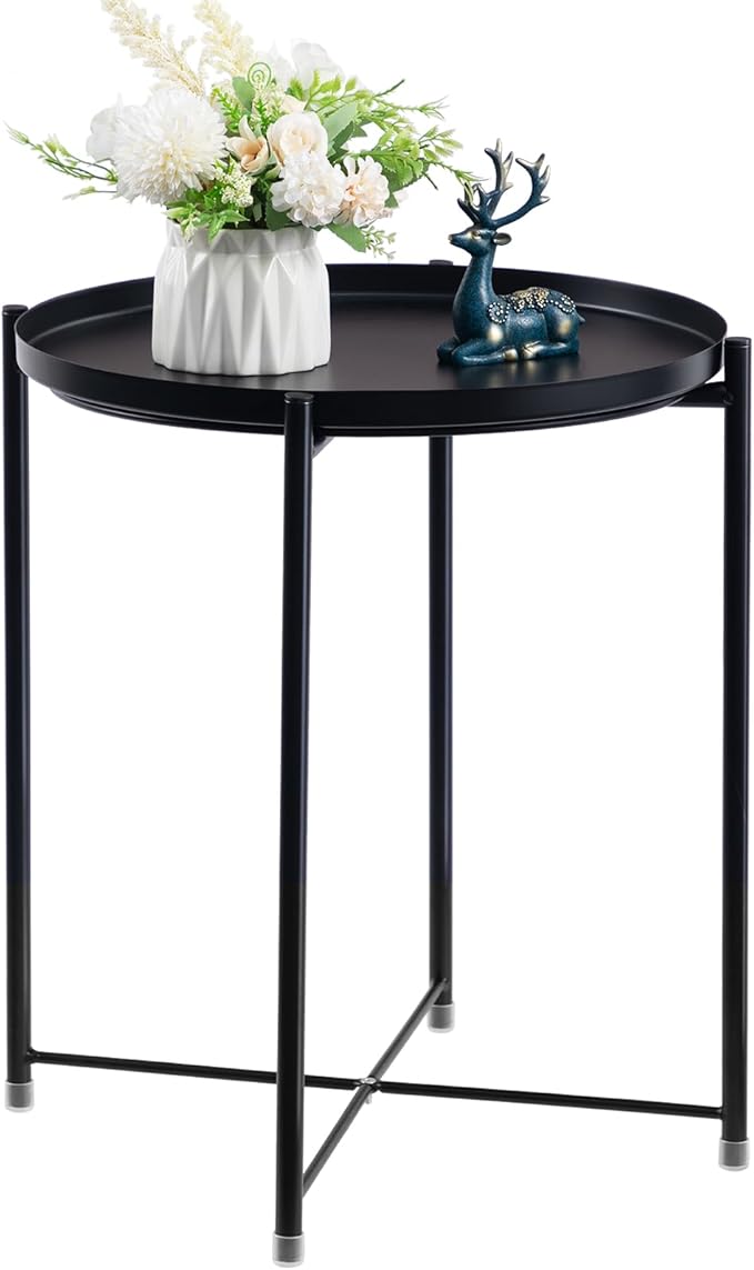 Round Metal Side Table, Outdoor Small Folding Accent Stand with Removable Tray