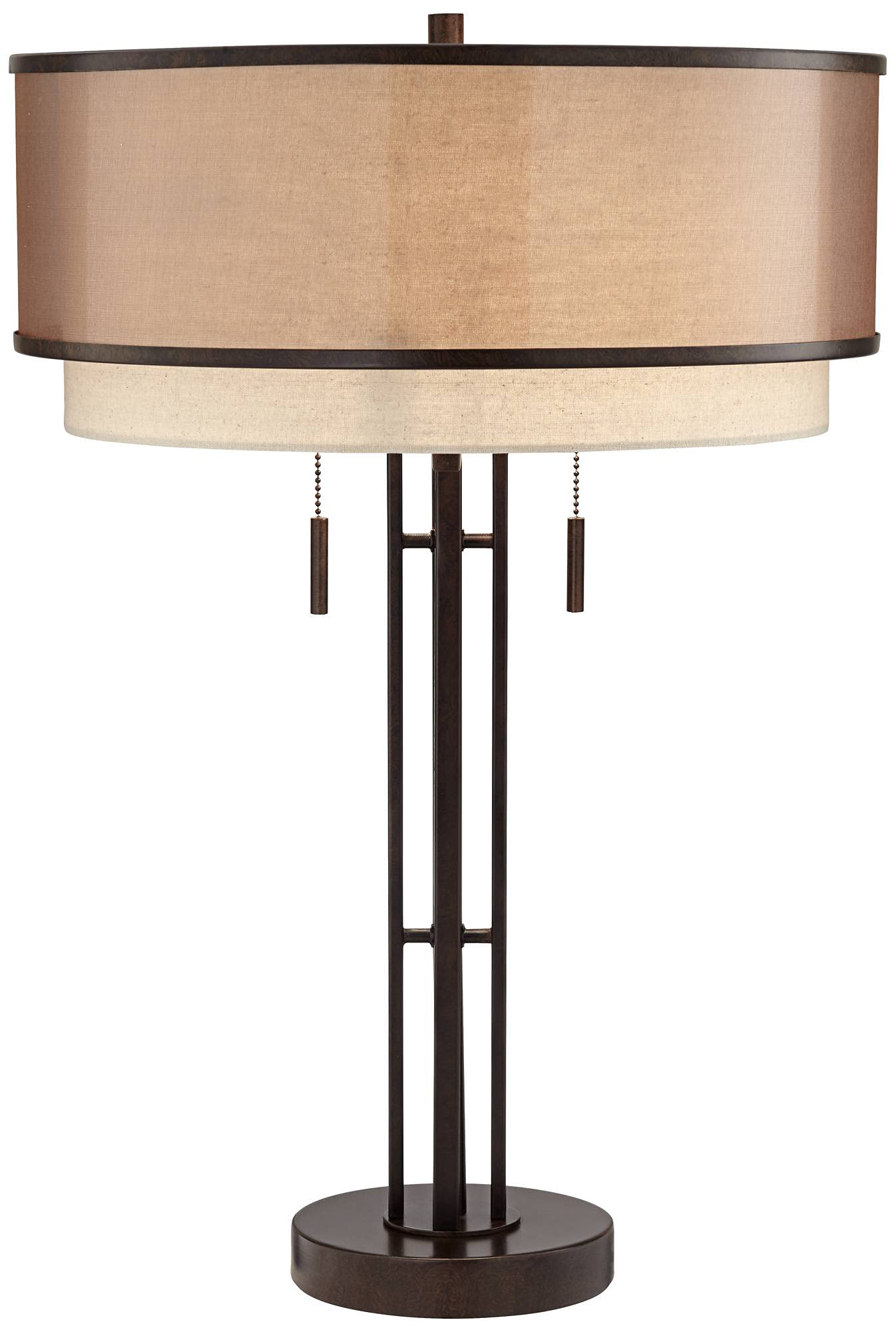 Franklin Iron Works Andes Modern Industrial Table Lamp 27 1/2" Tall Oil Rubbed Bronze Brown Metal Stacked Double Fabric Drum Shade for Bedroom Living Room House Home Bedside Nightstand Office Kids