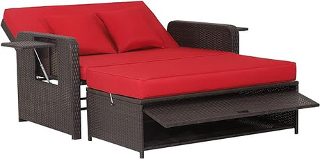 Patio Rattan Daybed, Patiojoy Wicker Loveseat Sofa w/Multipurpose Ottoman