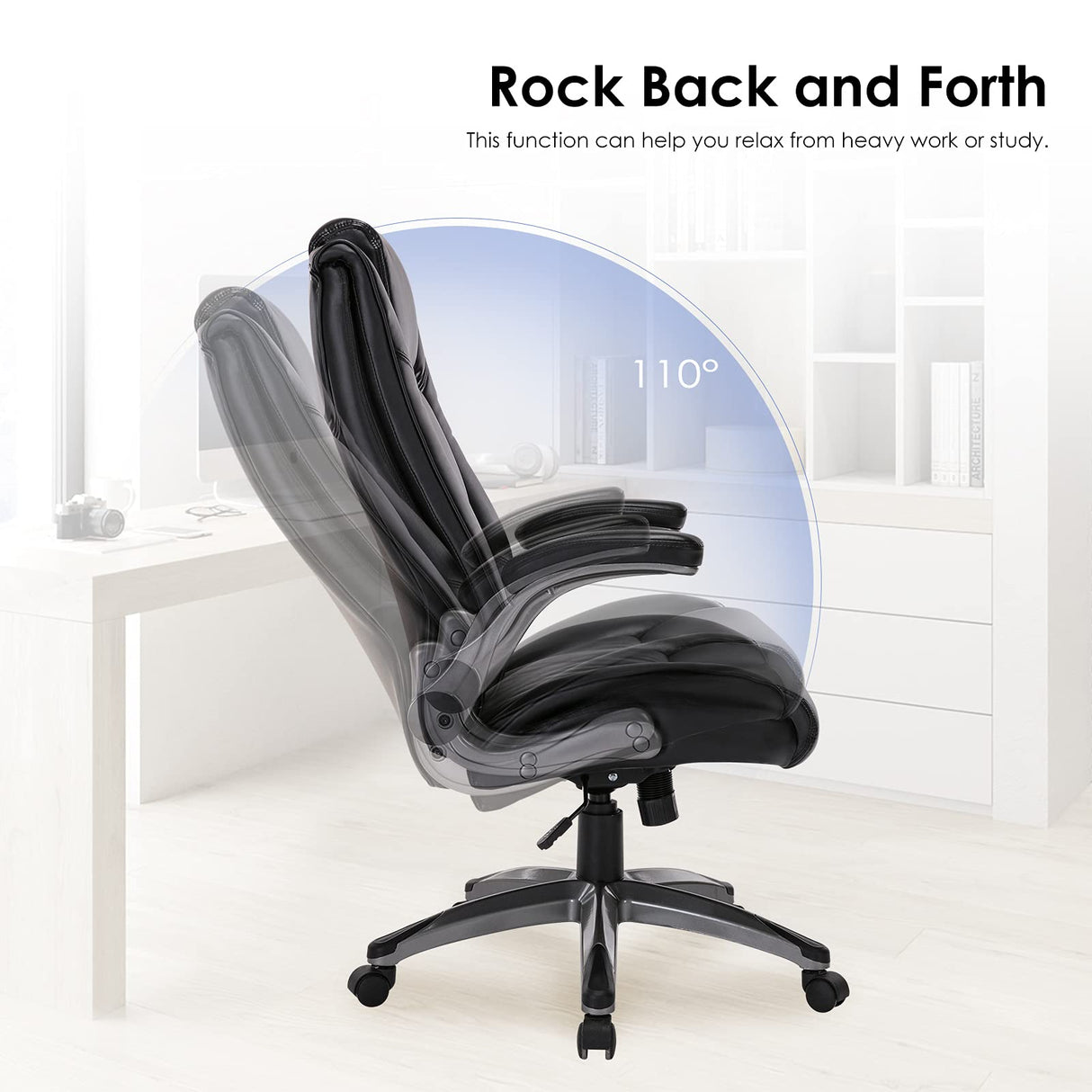 High Back Office Chair PU Leather Executive Swivel Computer Desk Chair Flip-up Arms