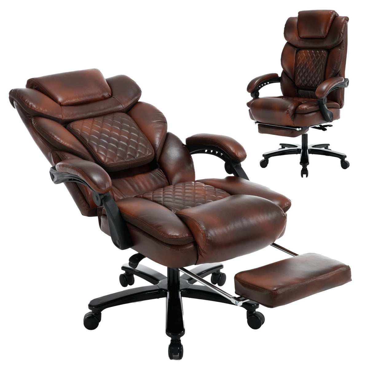 linting 450lbs Big Tall Reclining Office Chairs with Footrest Back Support Ergonomic Wide Seat Leather Recliner Desk Chair Executive Office Chairs, Plus Size Managerial Chairs, Brown