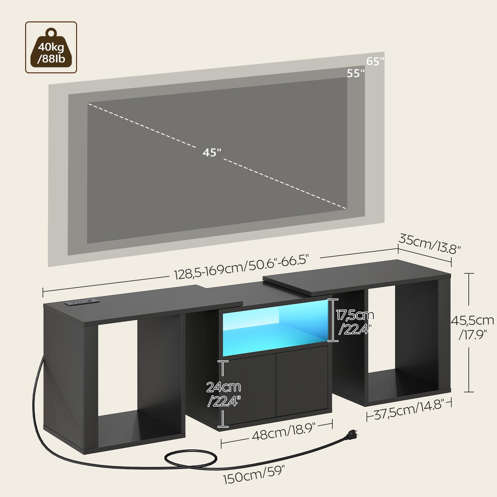 TV Stand with Power Outlet & LED Lights for 65" TVs