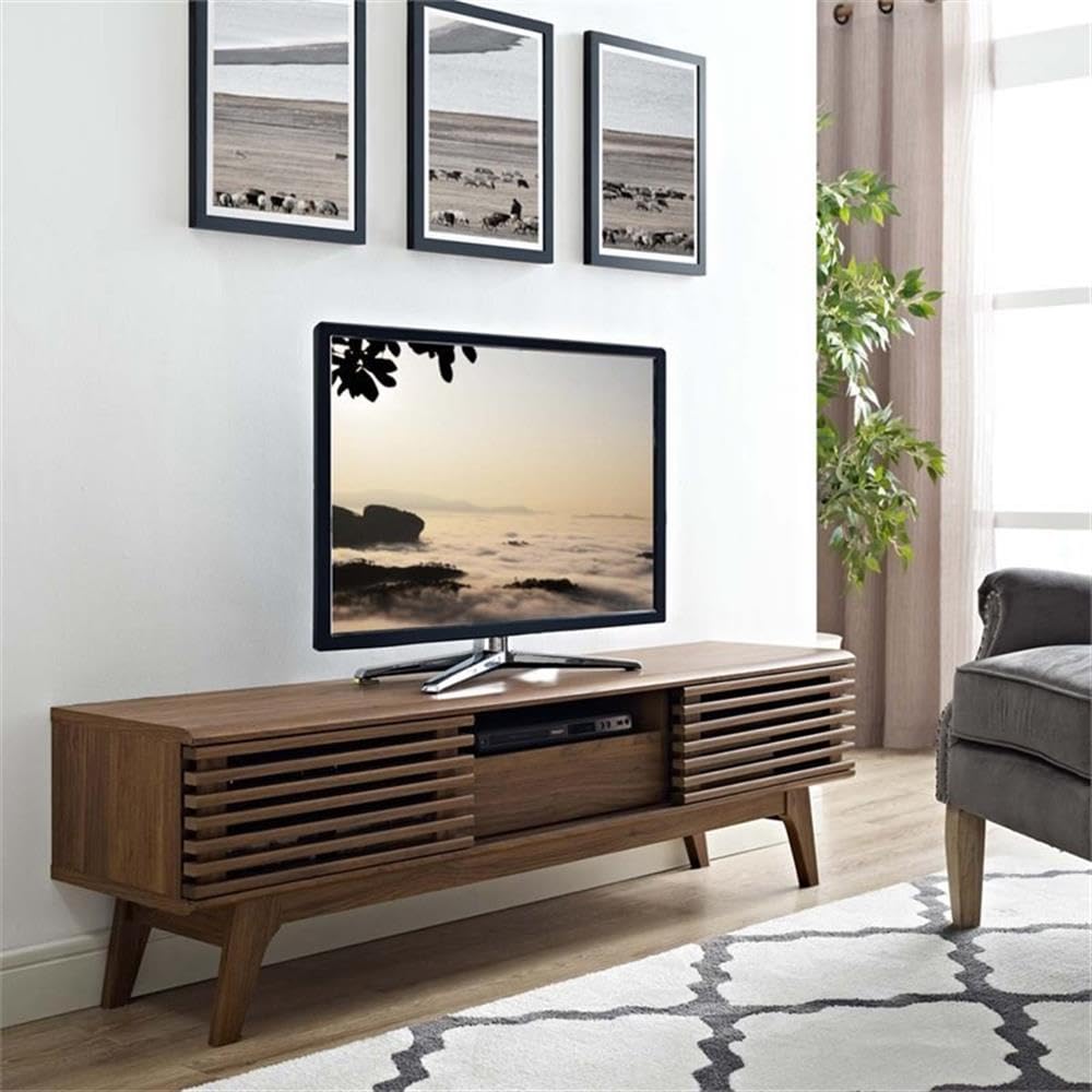 Levan Home Mid Century Modern Low Profile 59" Retro TV Stand with Slatted Shelves in Walnut