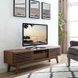 Levan Home Mid Century Modern Low Profile 59" Retro TV Stand with Slatted Shelves in Walnut