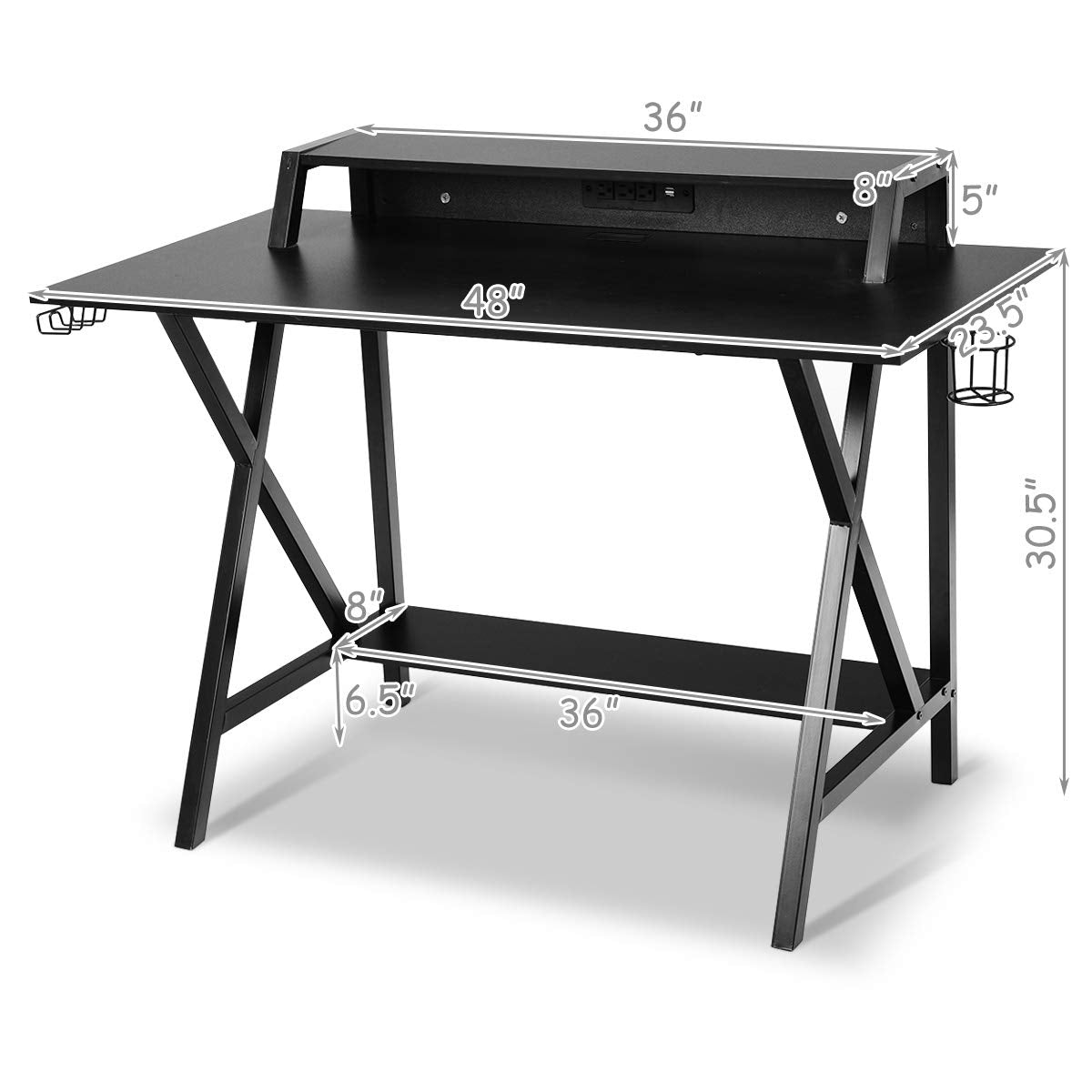 Gaming Computer Desk with Monitor Shelf, Gaming Table Workstation with Cup Holder Headphone Holder