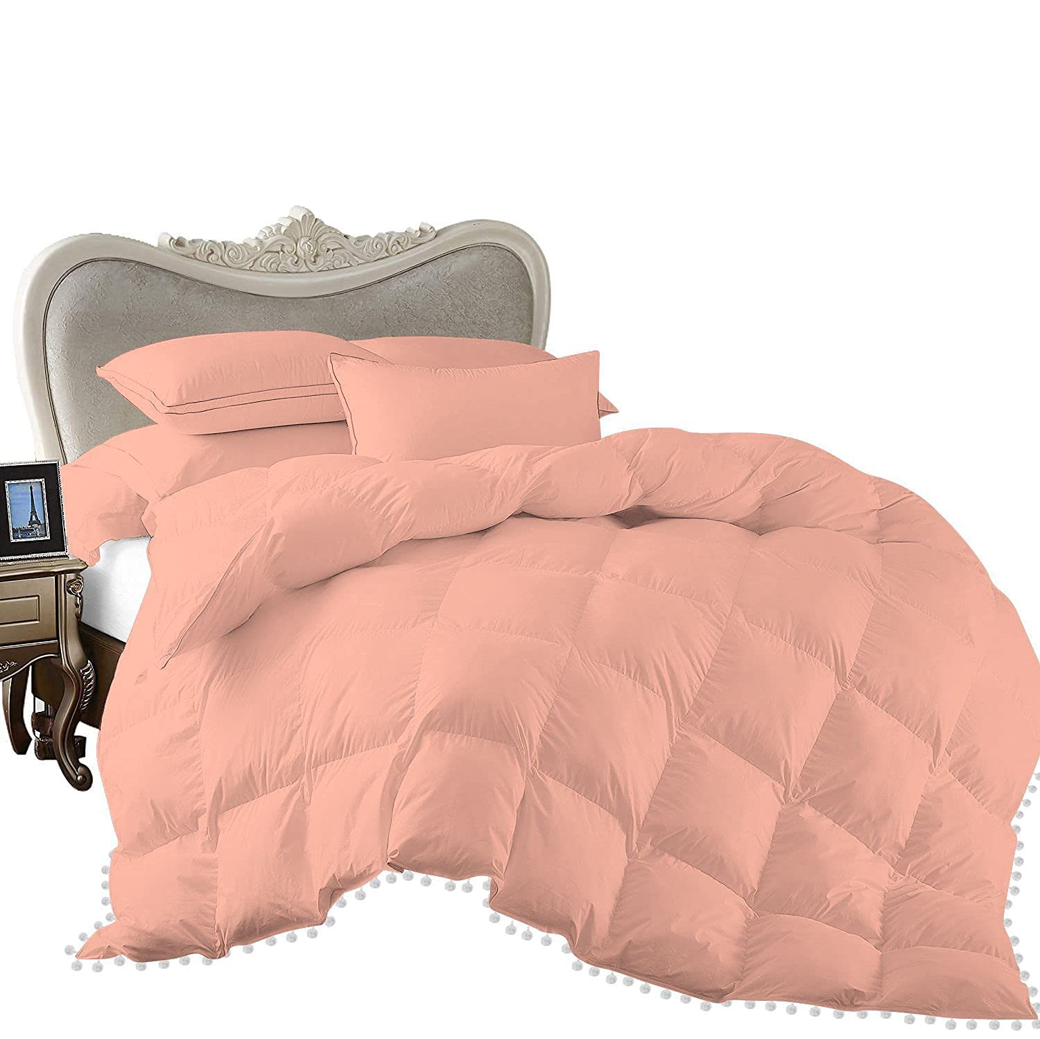 All Seasons 1 Piece Beautiful Looking Pom Pom Box Design Comforter 800 Thread Count 100% Egyptian Cotton, White Vintage Pom-Pom Fringe Super Soft (Full/Queen Size Peach Color)