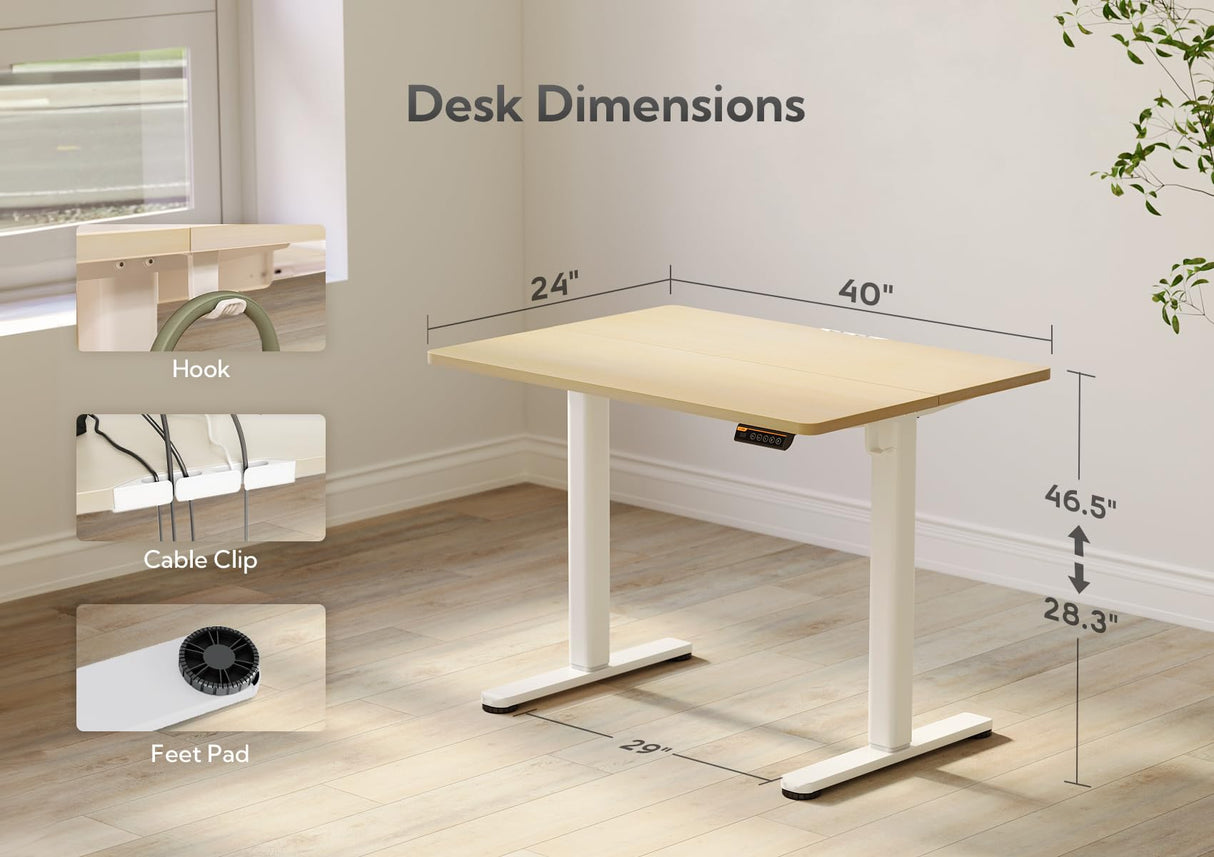 Claiks Electric Standing Desk, Adjustable Height Stand up Desk, 40x24 Inches Sit Stand Home Office Desk with Splice Board, White Frame/Nature Top