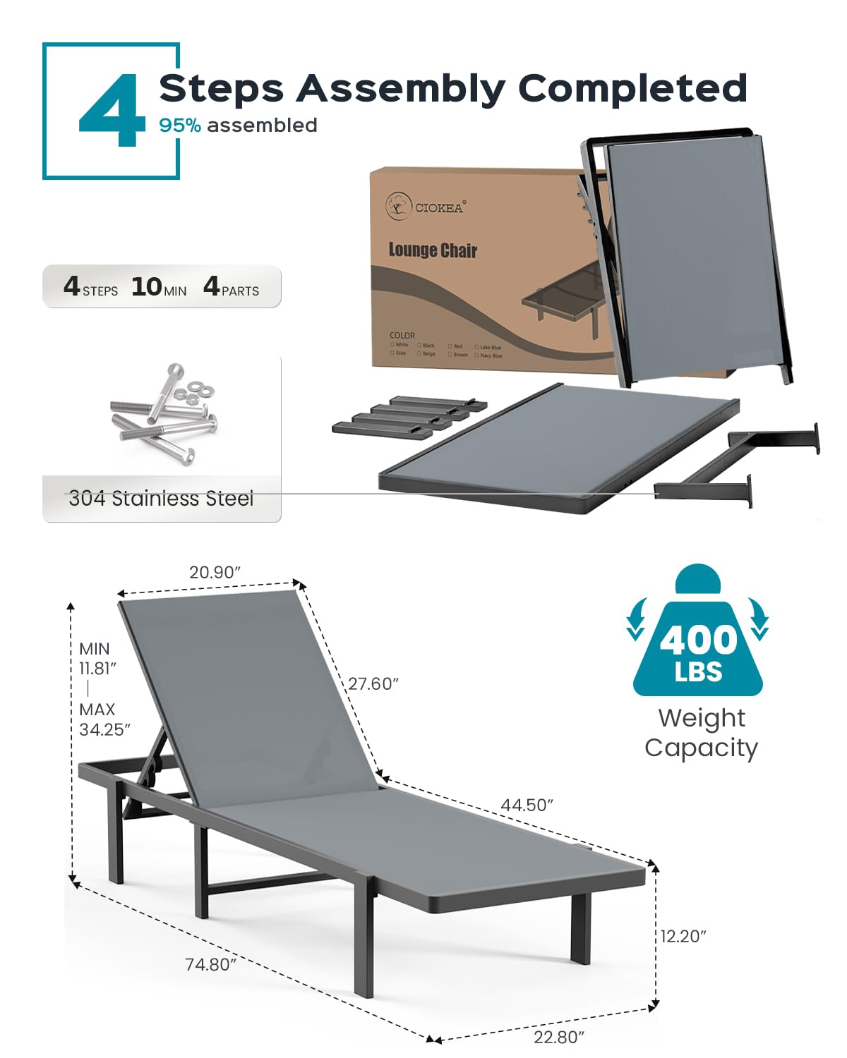 Aluminum Chaise Lounge Chair Outdoor, Patio Lounge Chair