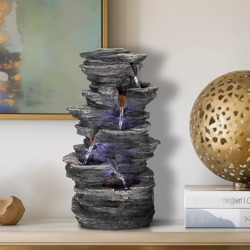 Large Rockery Tabletop Fountain - 15.7"H Resin Crafted Stacked Rockery Waterfall Fountain