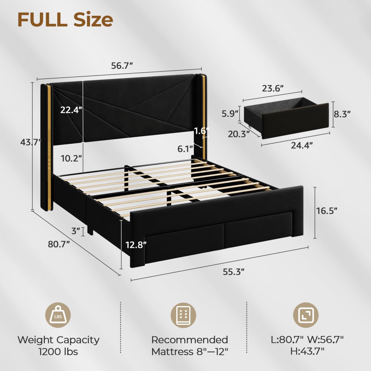 Full Size Platform Bed with Storage Drawers & LED Lights