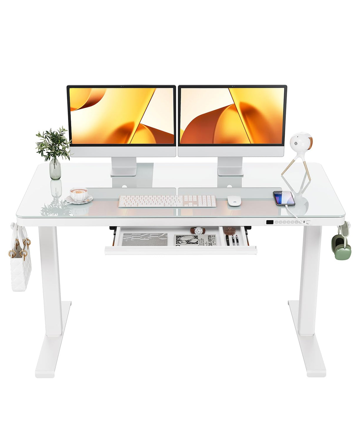 Dual Motor Electric Standing Desk with Drawers,48x24 Inch Whole-Piece Glass Desktop