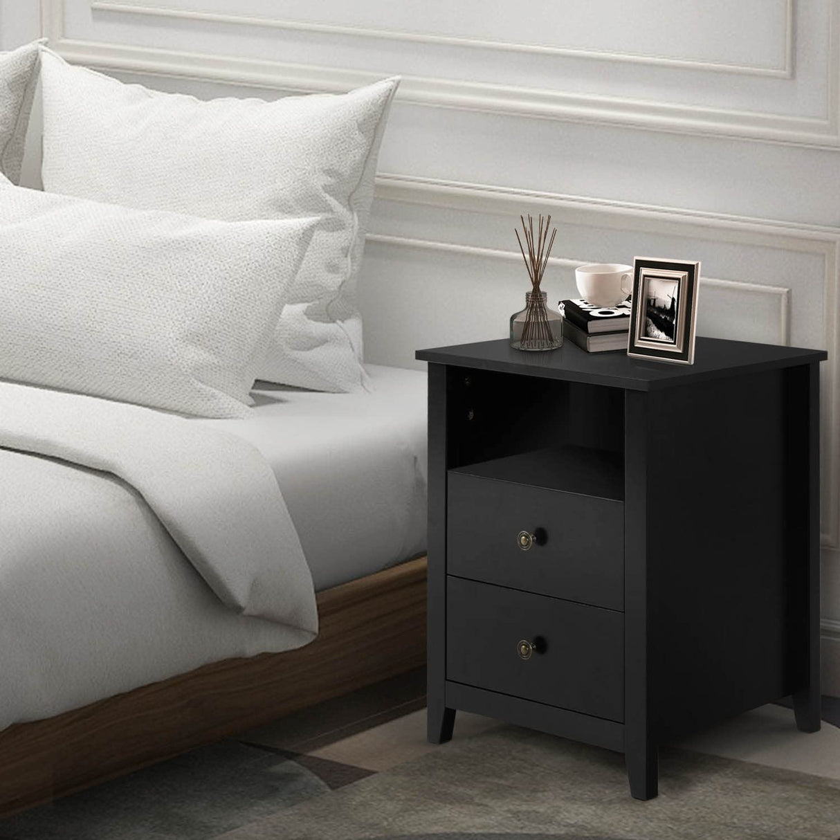 Black Nightstand Set of 2, Bedroom Nightstand with 2 Storage Drawers