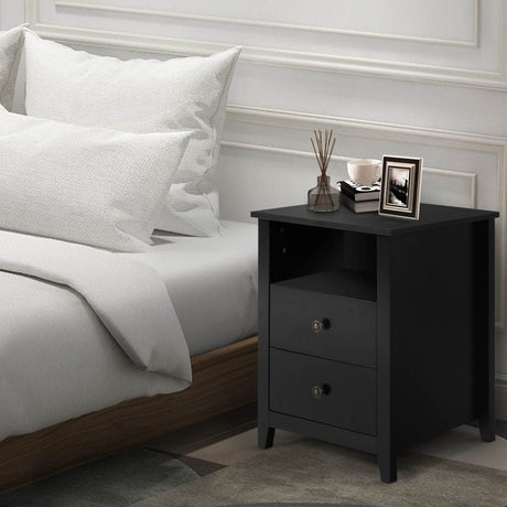 Black Nightstand Set of 2, Bedroom Nightstand with 2 Storage Drawers