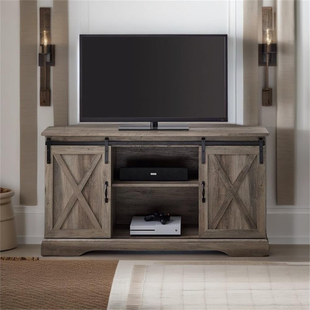 Farmhouse Wood Corner TV Stand for TVs up to 52" with Sliding Barn Doors, 3 Adjustable