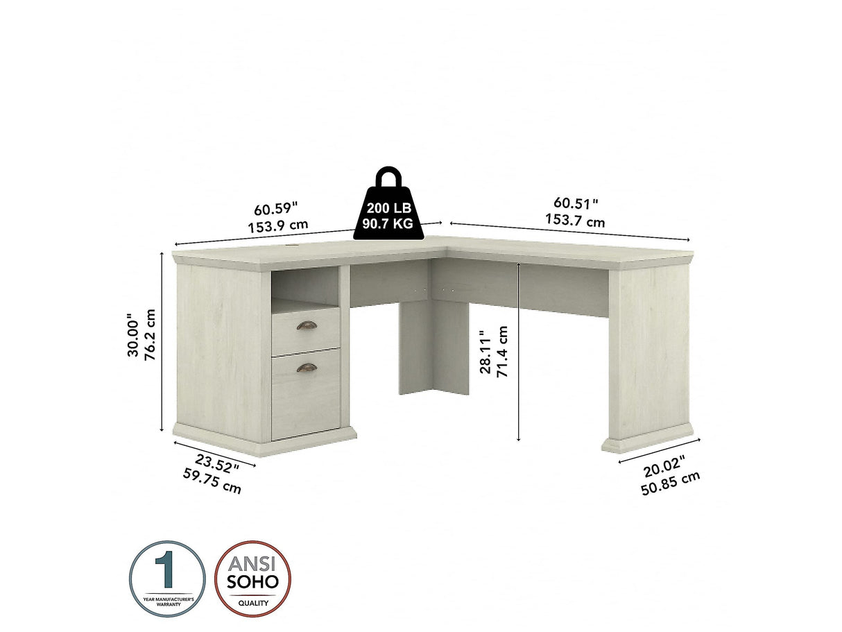 Yorktown 60-Inch L-Shaped Desk with Storage, Linen White Oak