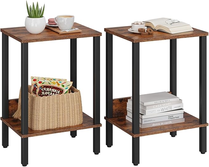 Set of 2 End Table, Side Table, Nightstands with 2-Tier Storage Shelves, Sofa Table for Small Space,