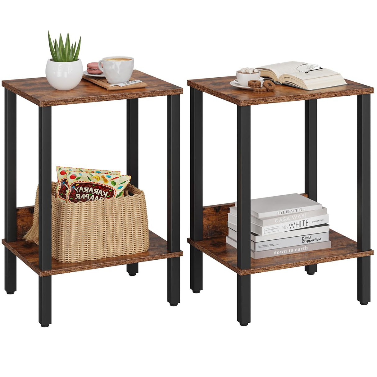 VIMBER Set of 2 End Table, Side Table, Nightstands with 2-Tier Storage Shelves, Sofa Table for Small Space, Living Room Bedroom, Rustic Brown UTBT101F2